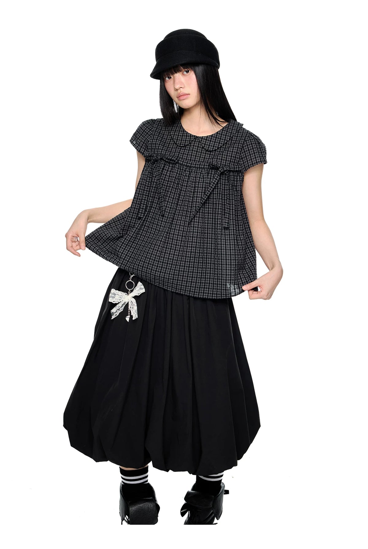 EZEK | Peter Pan Collar Gingham Shirt with Bubble Sleeves