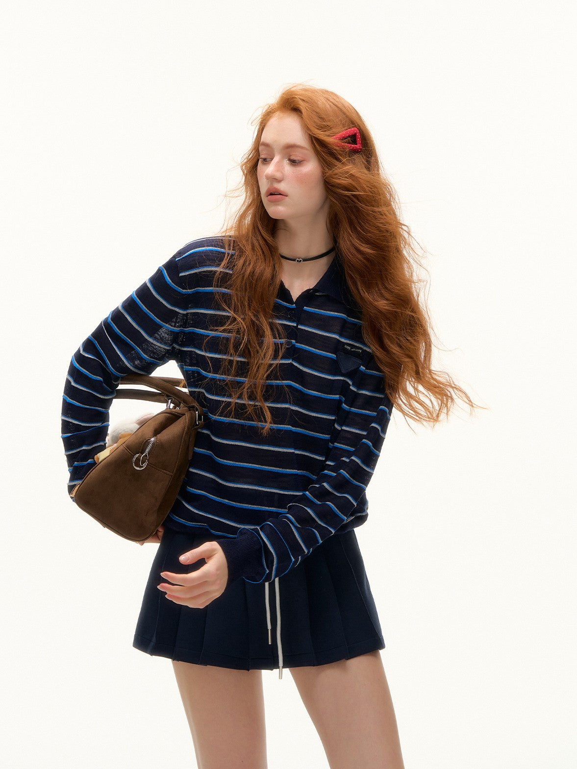 ASGONY - Drawstring Hem Striped Polo Knit (Navy Blue Stripe)