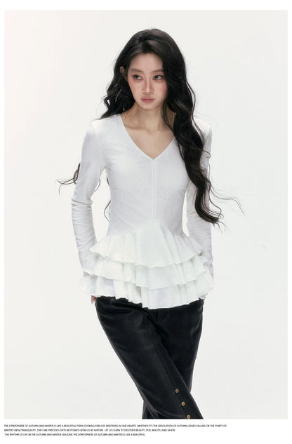 24olvides - V-Neck Lace Top with Tiered Hem (White / Khaki)
