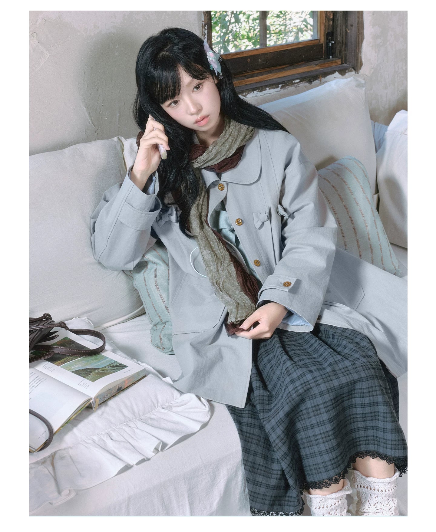 "Sage Whisper" Layered Trench Collection (Round Collar Coat / Knit Top / Polka Dot Cami / Plaid Skirt)