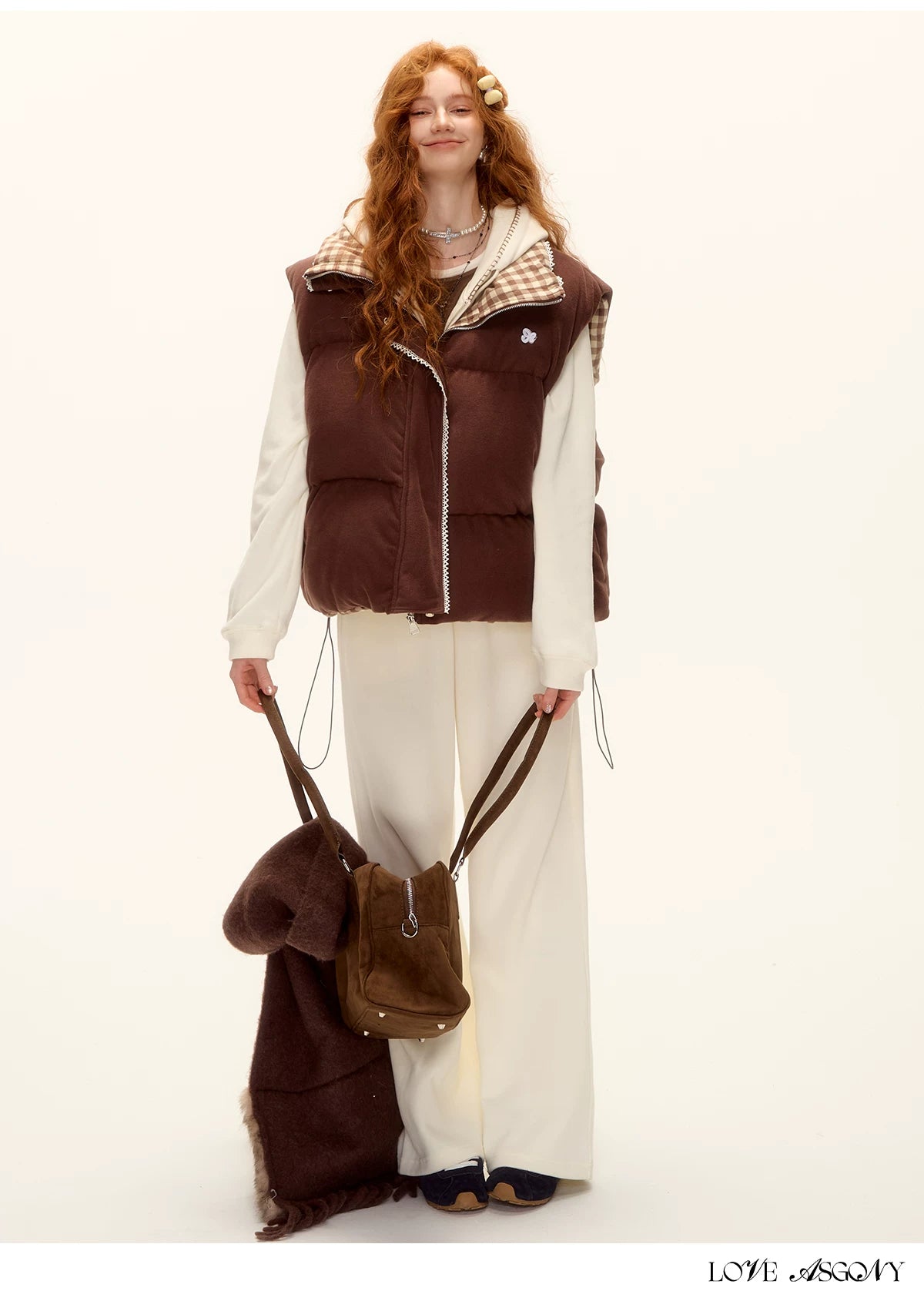 ASGONY - Reversible Plaid Lace-Trim Quilted Vest (Brown / Gray)