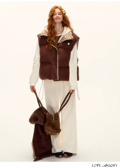 ASGONY - Reversible Plaid Lace-Trim Quilted Vest (Brown / Gray)