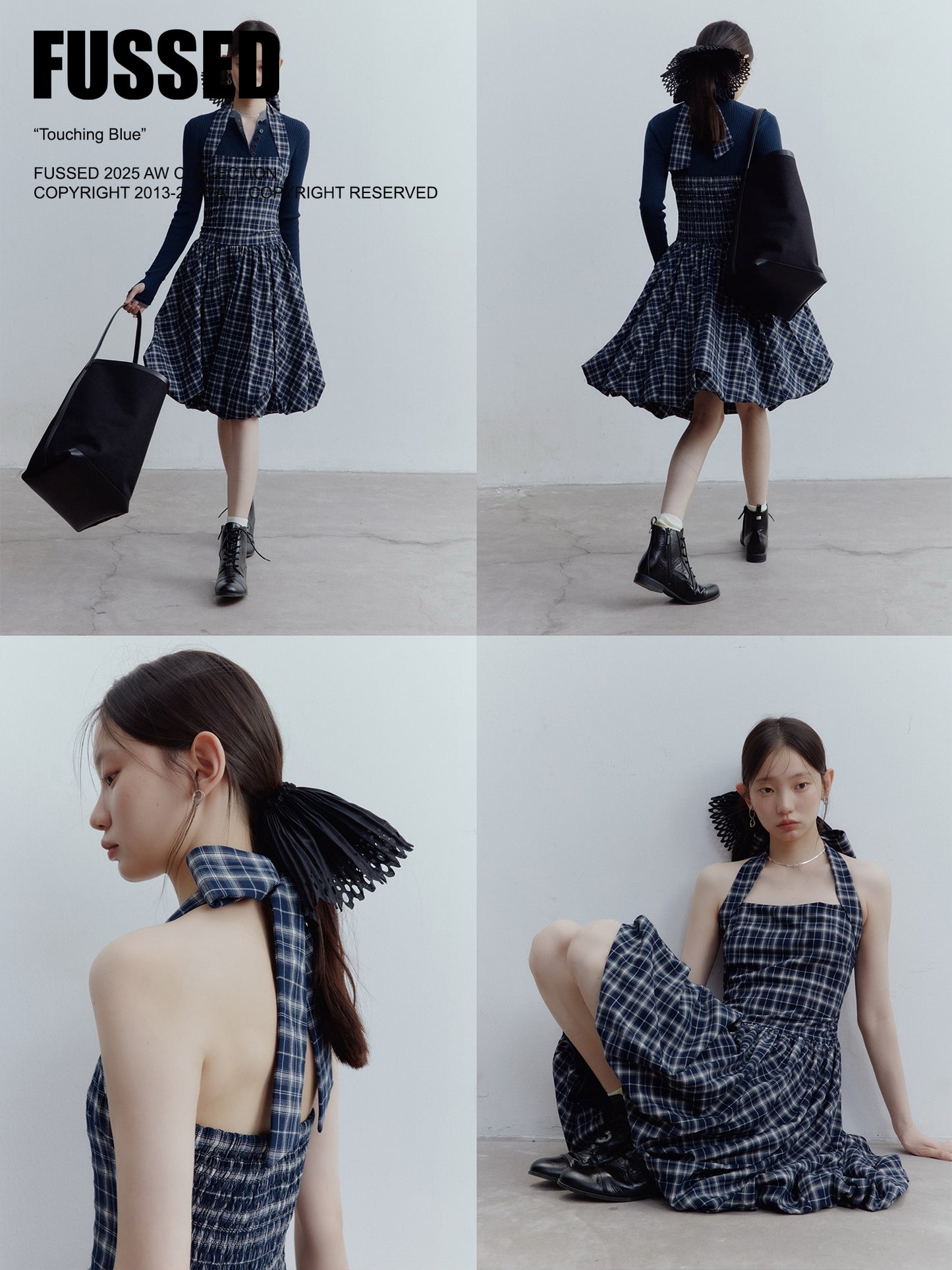 FUSSED Blue Mood Gathered Halter Dress – Dark Night Scottish Plaid FOF-25SS154