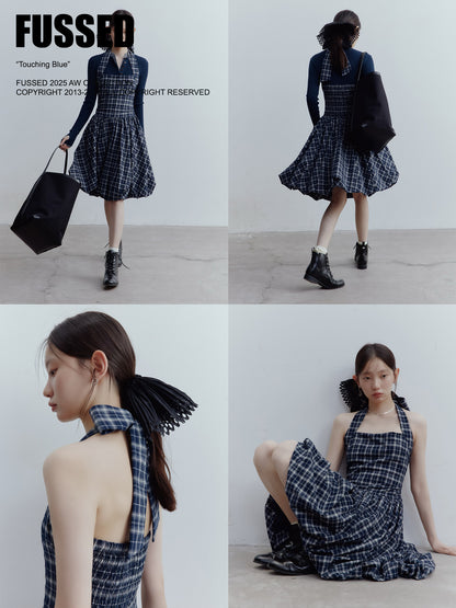 FUSSED Blue Mood Gathered Halter Dress – Dark Night Scottish Plaid FOF-25SS154