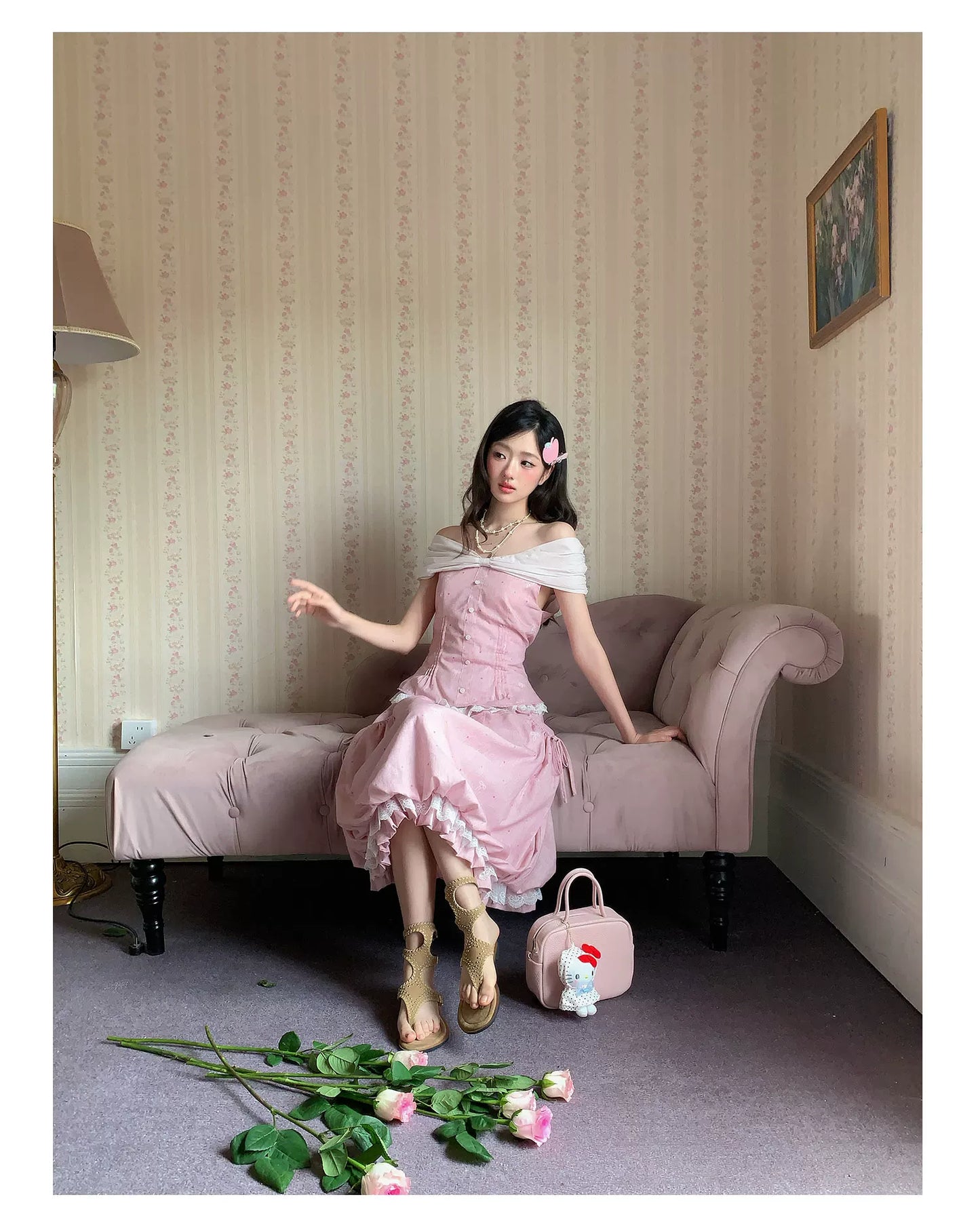 “Peach Mist Starlit Meadow” Pink Off-Shoulder Skirt Set