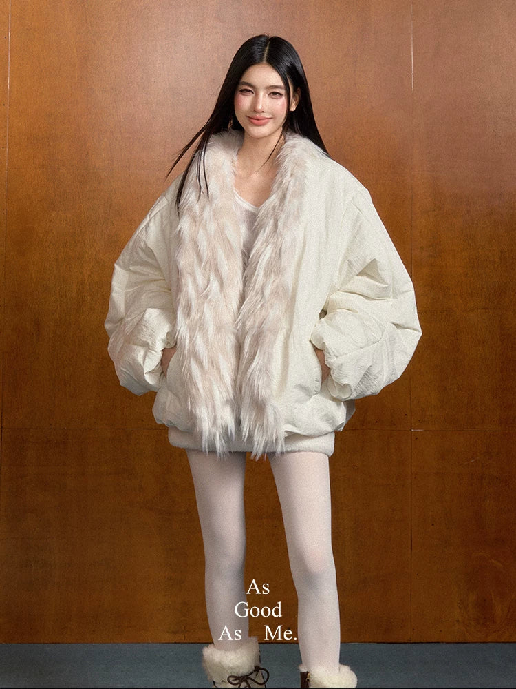 "Snowbound Escape" Faux Fur Collar Padded Winter Jacket (Ivory / Heather Gray)