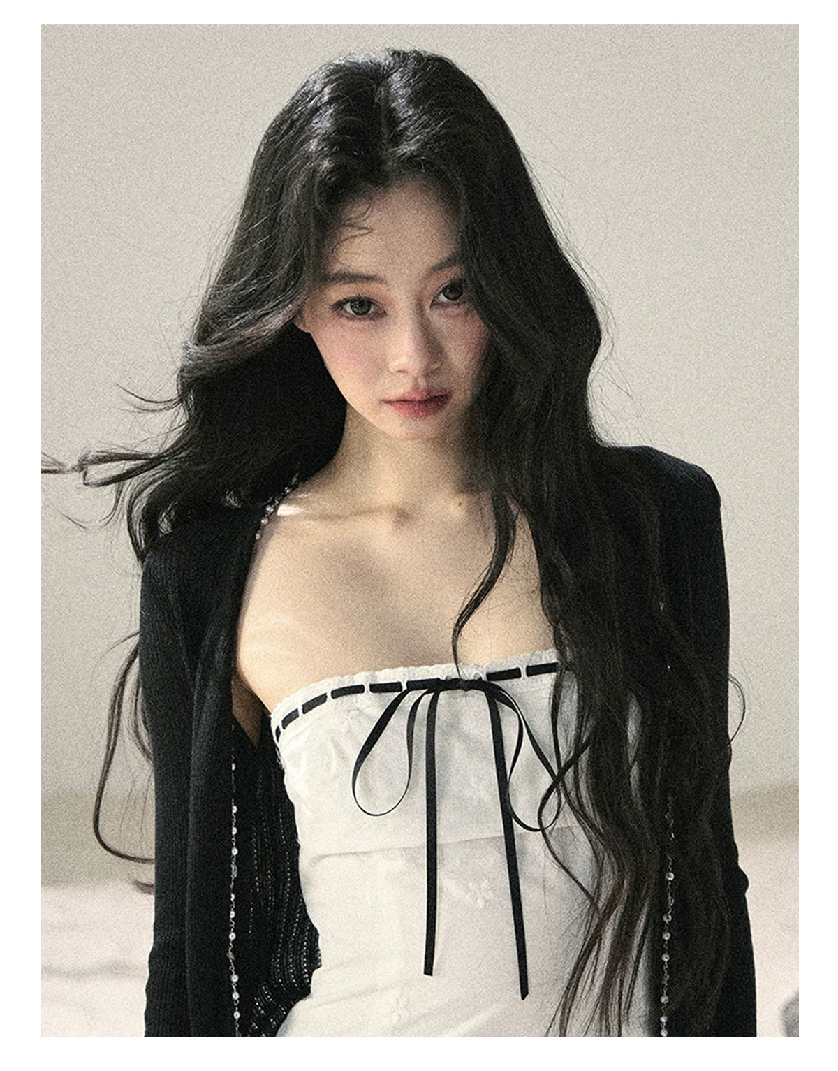 "Moonwoven Reverie" Cloud White Lace Bodycon Mini Dress & Serenity Black Cardigan 5132