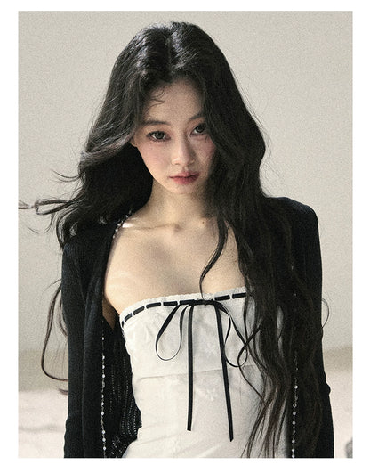 "Moonwoven Reverie" Cloud White Lace Bodycon Mini Dress & Serenity Black Cardigan 5132