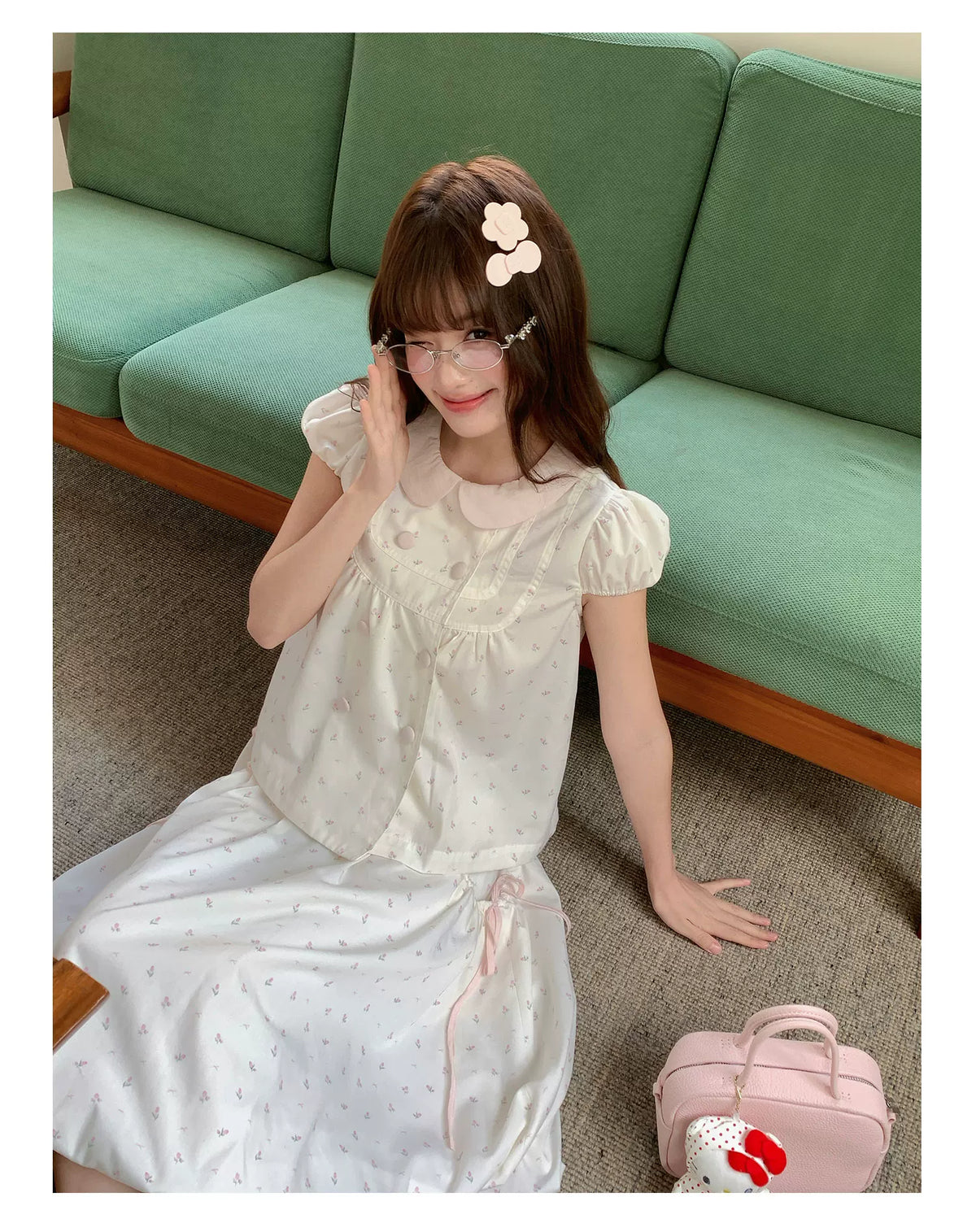 [RF] “White Peach Milk Foam” Pink & White Floral Polka Dot Two-Piece Set