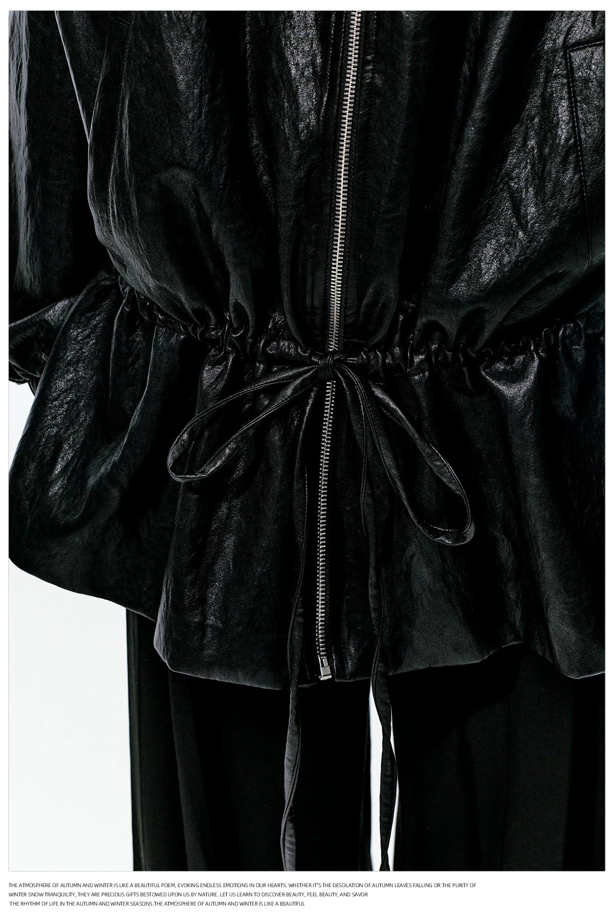 JN's DESIGN - Black Drawstring Faux Leather Jacket with Lace Back Detail