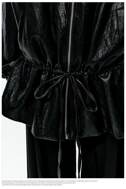 JN's DESIGN - Black Drawstring Faux Leather Jacket with Lace Back Detail