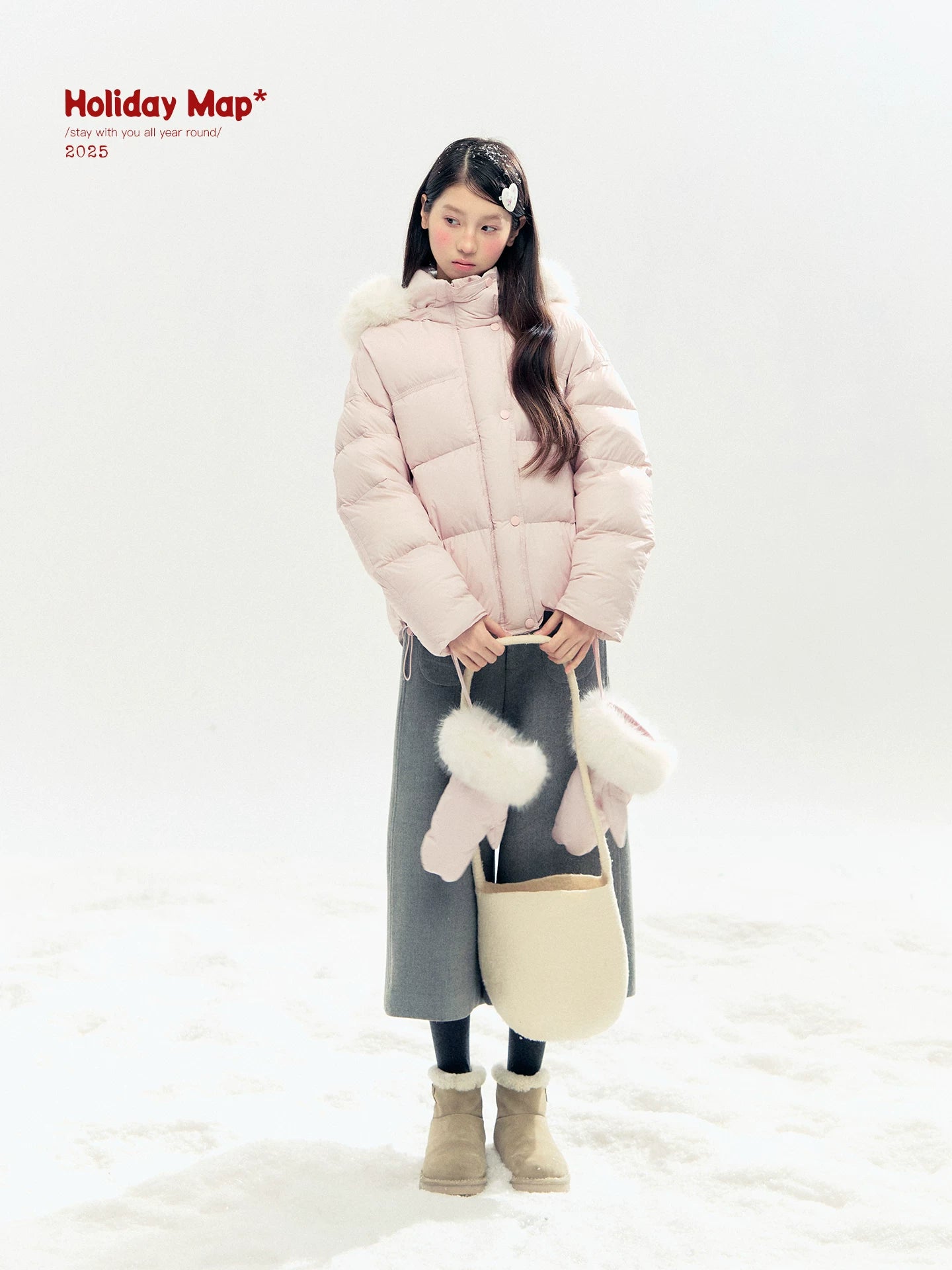 "Snowland Sprite" Peach Blush Lilac Hooded Down Jacket with Detachable Faux Fur Trim & Gloves
