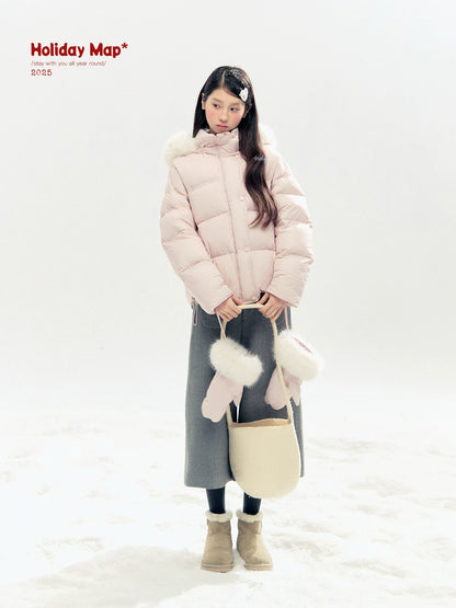 "Snowland Sprite" Peach Blush Lilac Hooded Down Jacket with Detachable Faux Fur Trim & Gloves