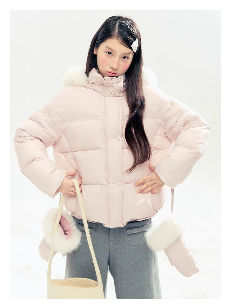 "Snowland Sprite" Peach Blush Lilac Hooded Down Jacket with Detachable Faux Fur Trim & Gloves