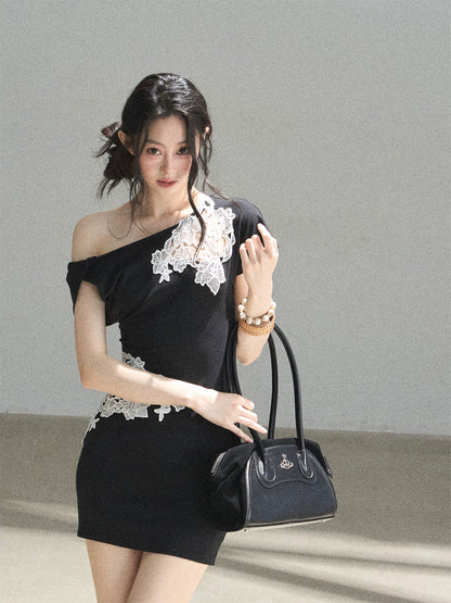 "When the Moon Didn't Arrive" Tranquil Black Lace Embroidered Bodycon Mini Dress