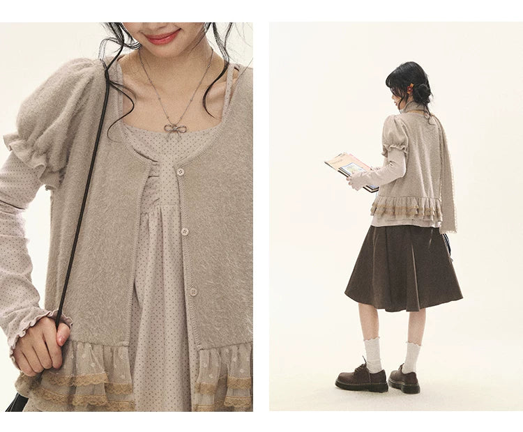 "Sweet Favorite" Polka Dot Faux-Layer Bow Knit Top (Gray Brown/ Blush Pink)