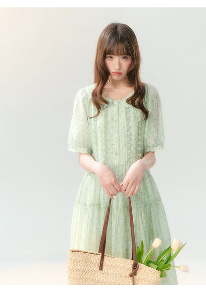 "Hyacinth Ballad" Sage Green Polka Dot Tiered Dress LL2026210