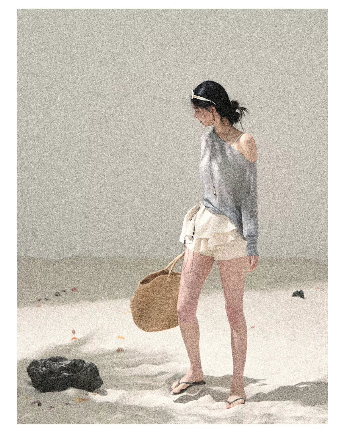 "Misty Veil Whisper" Cloud Trail Gray Off-Shoulder Sheer Sun Protection Top 5345634
