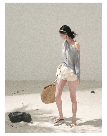 "Misty Veil Whisper" Cloud Trail Gray Off-Shoulder Sheer Sun Protection Top 5345634