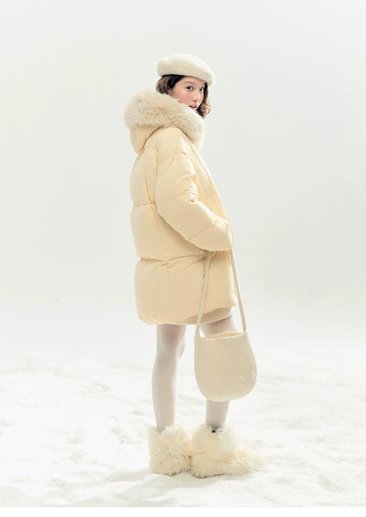 "Butter Soufflé" Vanilla Butter Hooded Mid-Length Down Coat with Faux Fox Fur Trim