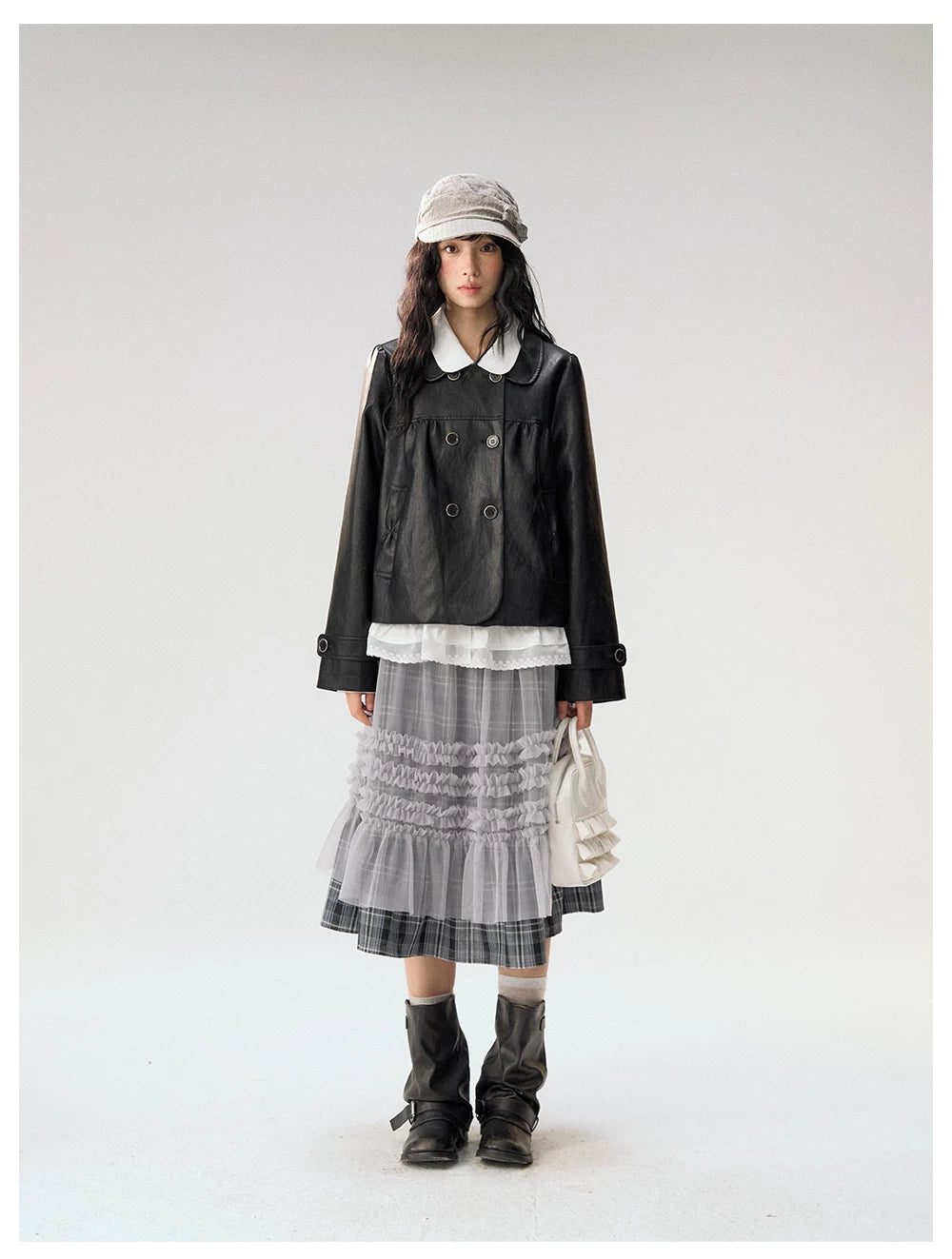 [CAN] "Gray Plaid Reverie" Gray Purple Plaid Mesh Layered Midi Skirt