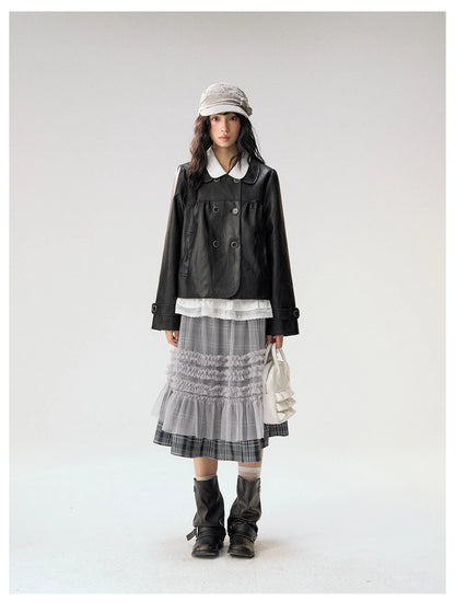 [CAN] "Gray Plaid Reverie" Gray Purple Plaid Mesh Layered Midi Skirt