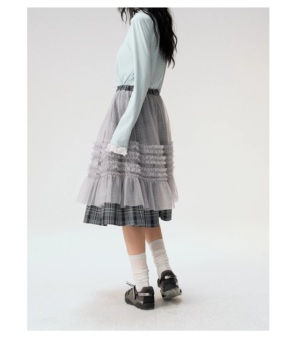 [CAN] "Gray Plaid Reverie" Gray Purple Plaid Mesh Layered Midi Skirt
