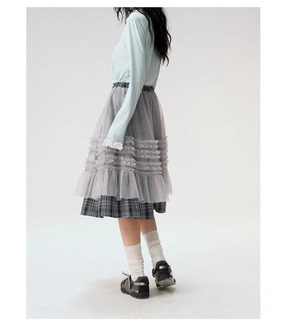 [CAN] "Gray Plaid Reverie" Gray Purple Plaid Mesh Layered Midi Skirt