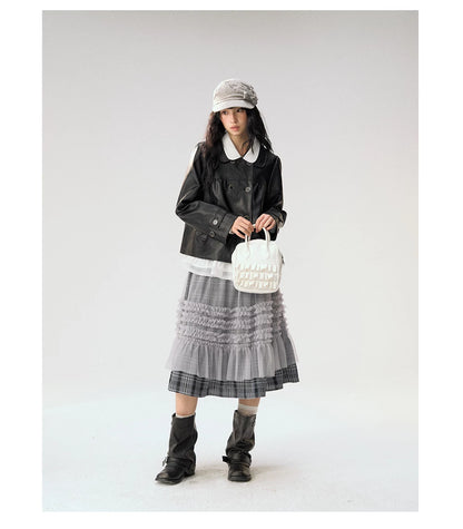 [CAN] "Gray Plaid Reverie" Gray Purple Plaid Mesh Layered Midi Skirt