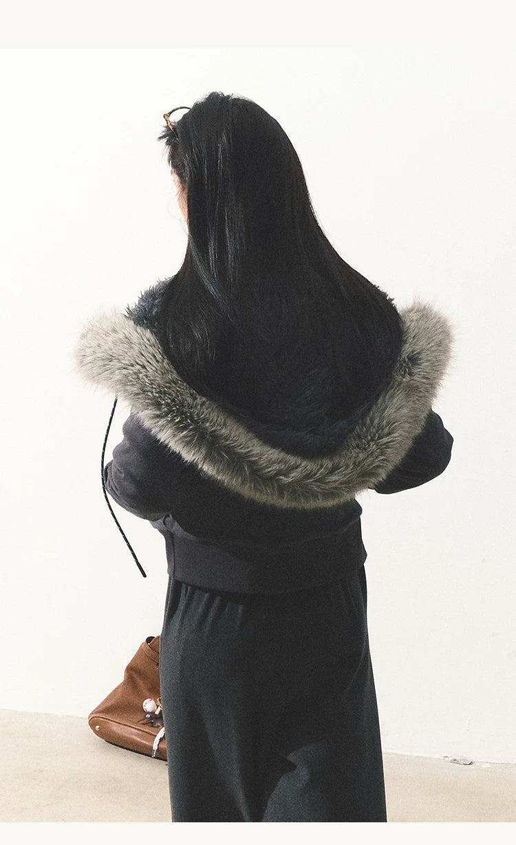 OAKMOO/ "Energy & Freedom" Mocha Gray Fur-Collar Cropped Hoodie Jacket