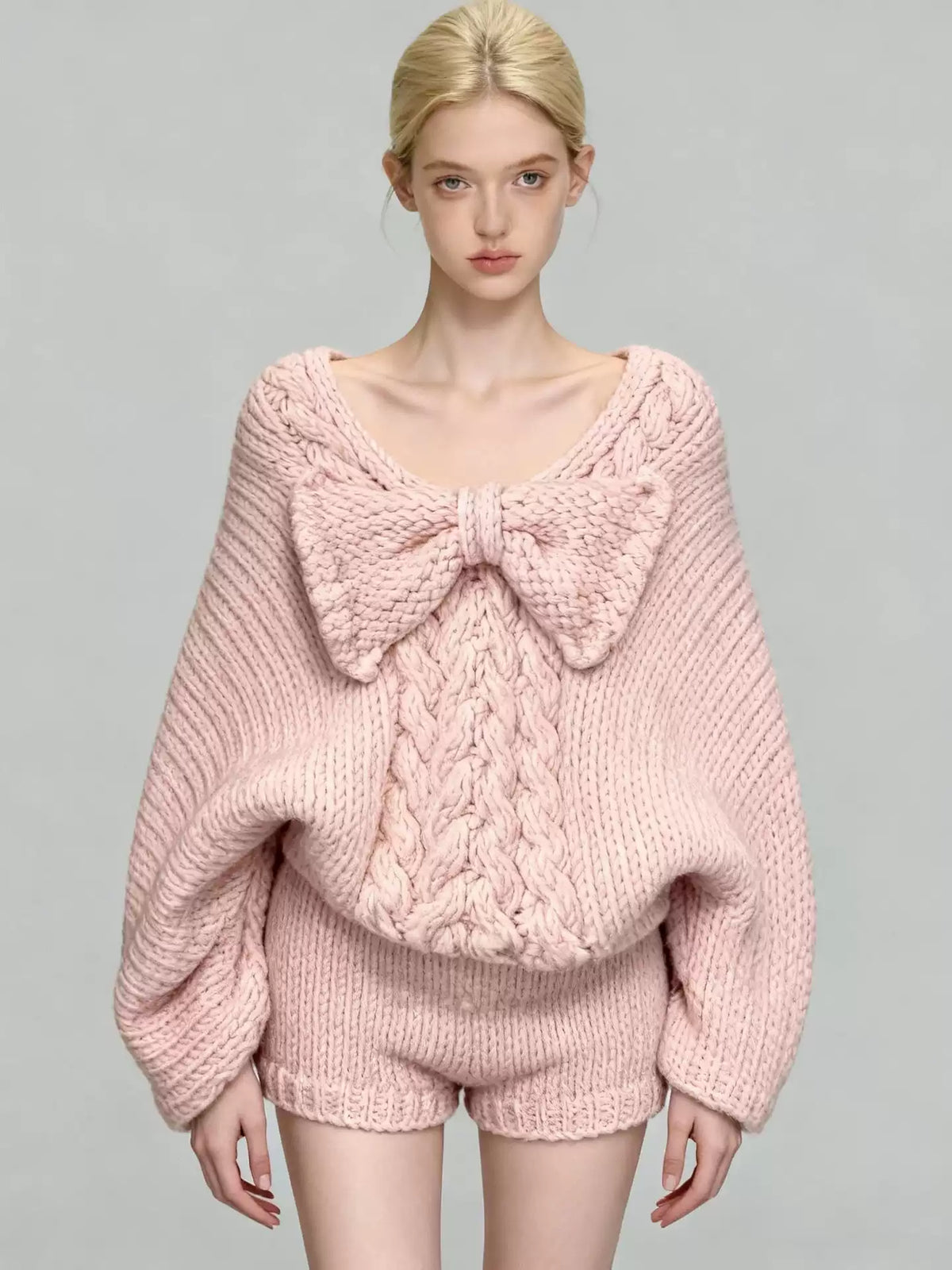 Pink Bow V-Neck Sweater & High-Waist Shorts Set