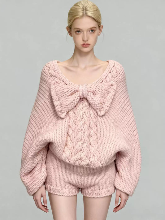 Pink Bow V-Neck Sweater & High-Waist Shorts Set