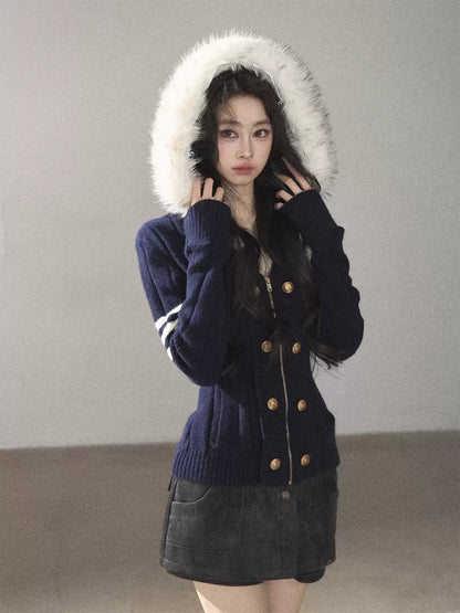 AOMALM - Blue Hooded Cable-Knit Sweater Jacket with White Stripes
