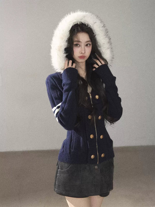 AOMALM - Blue Hooded Cable-Knit Sweater Jacket with White Stripes