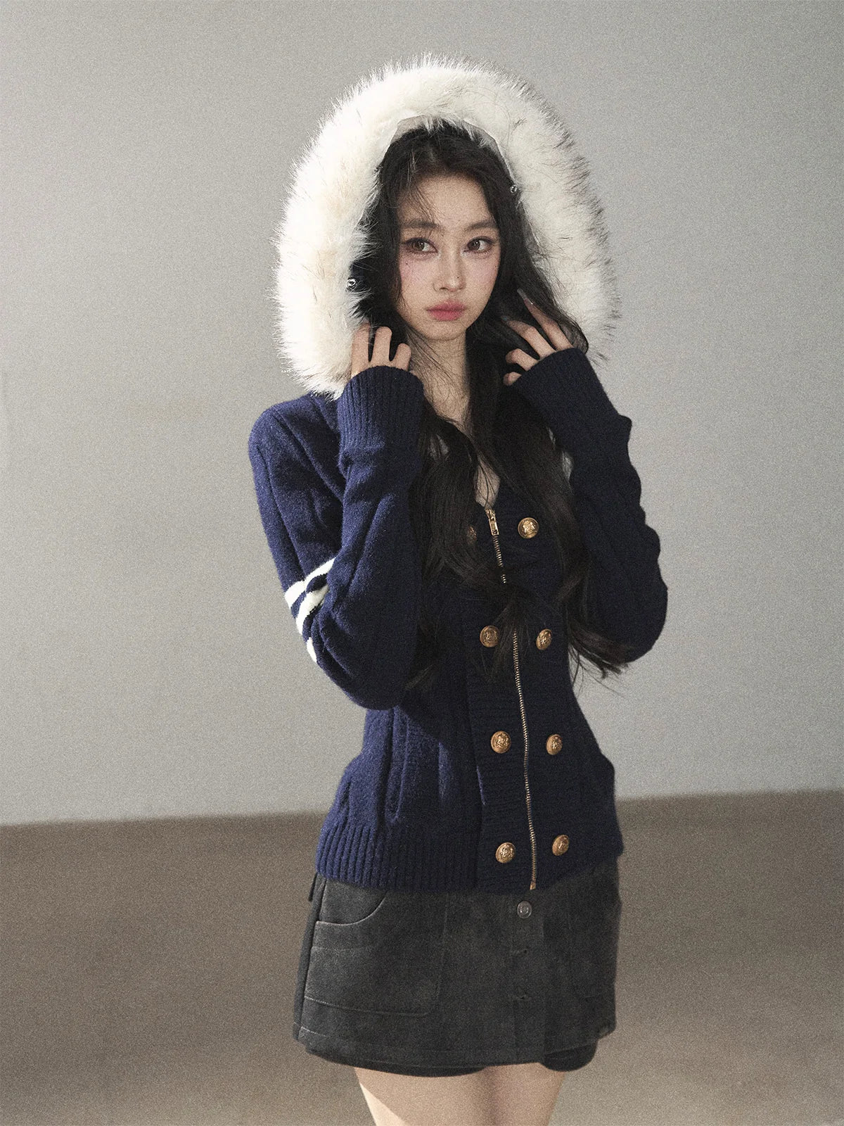AOMALM - Blue Hooded Cable-Knit Sweater Jacket with White Stripes