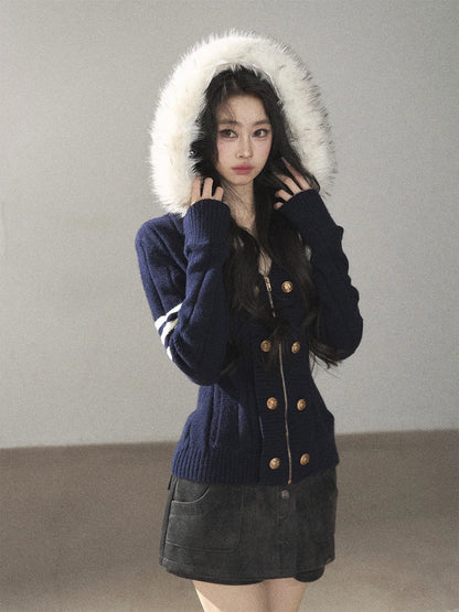 AOMALM - Blue Hooded Cable-Knit Sweater Jacket with White Stripes