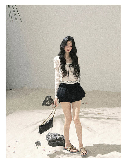 "Summer Shimmer Reverie" Creamy Oat White Lace Cutout Cardigan & Camisole Set 5864536513