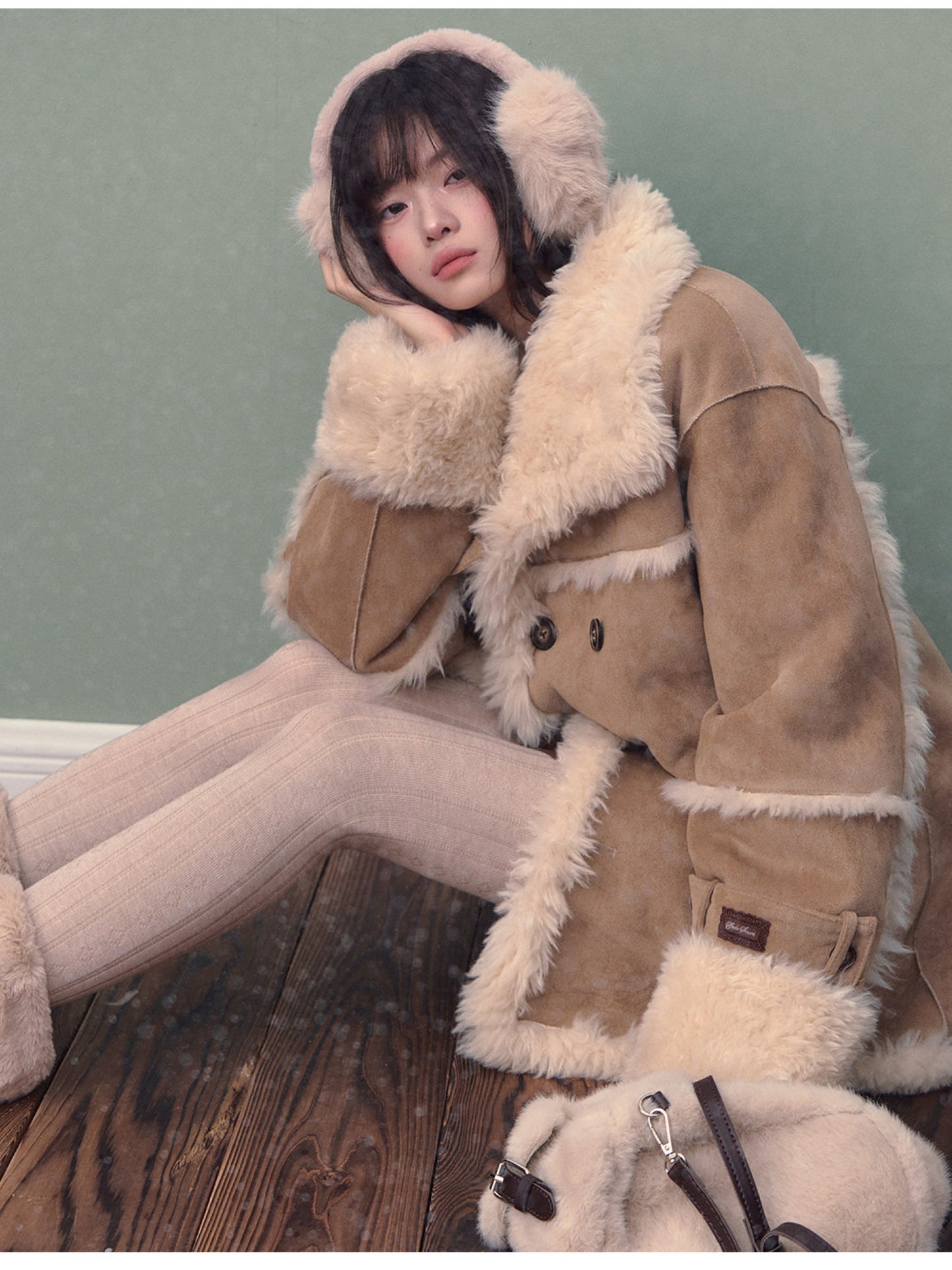 Soote Season - Oversized Korean-Style Faux Suede Shearling Collar Mid-Length Coat - Camel Brown