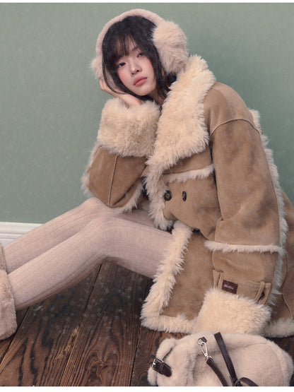 Soote Season - Oversized Korean-Style Faux Suede Shearling Collar Mid-Length Coat - Camel Brown