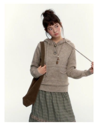 Oatmeal Ribbed-Hem Hooded Knit Sweater