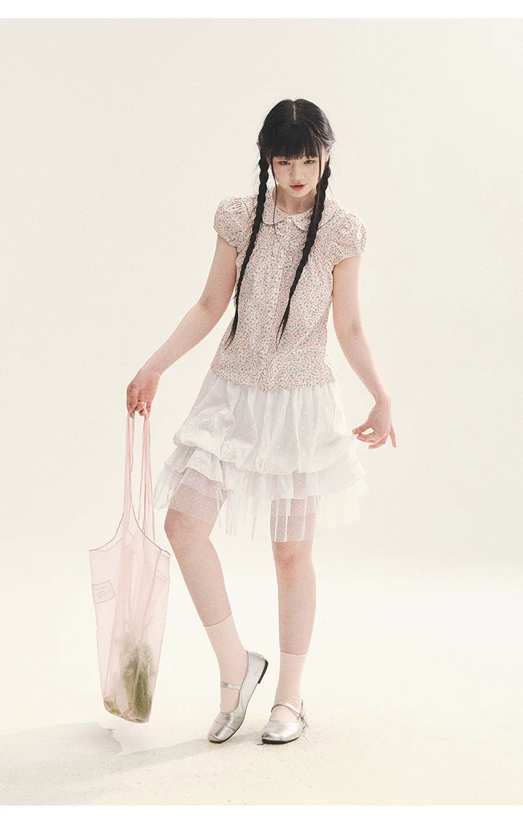 "Black & White Sonata" Polka Dot Mesh Tiered Jellyfish Skirt (White/ Black)