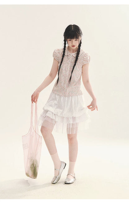 "Black & White Sonata" Polka Dot Mesh Tiered Jellyfish Skirt (White/ Black)