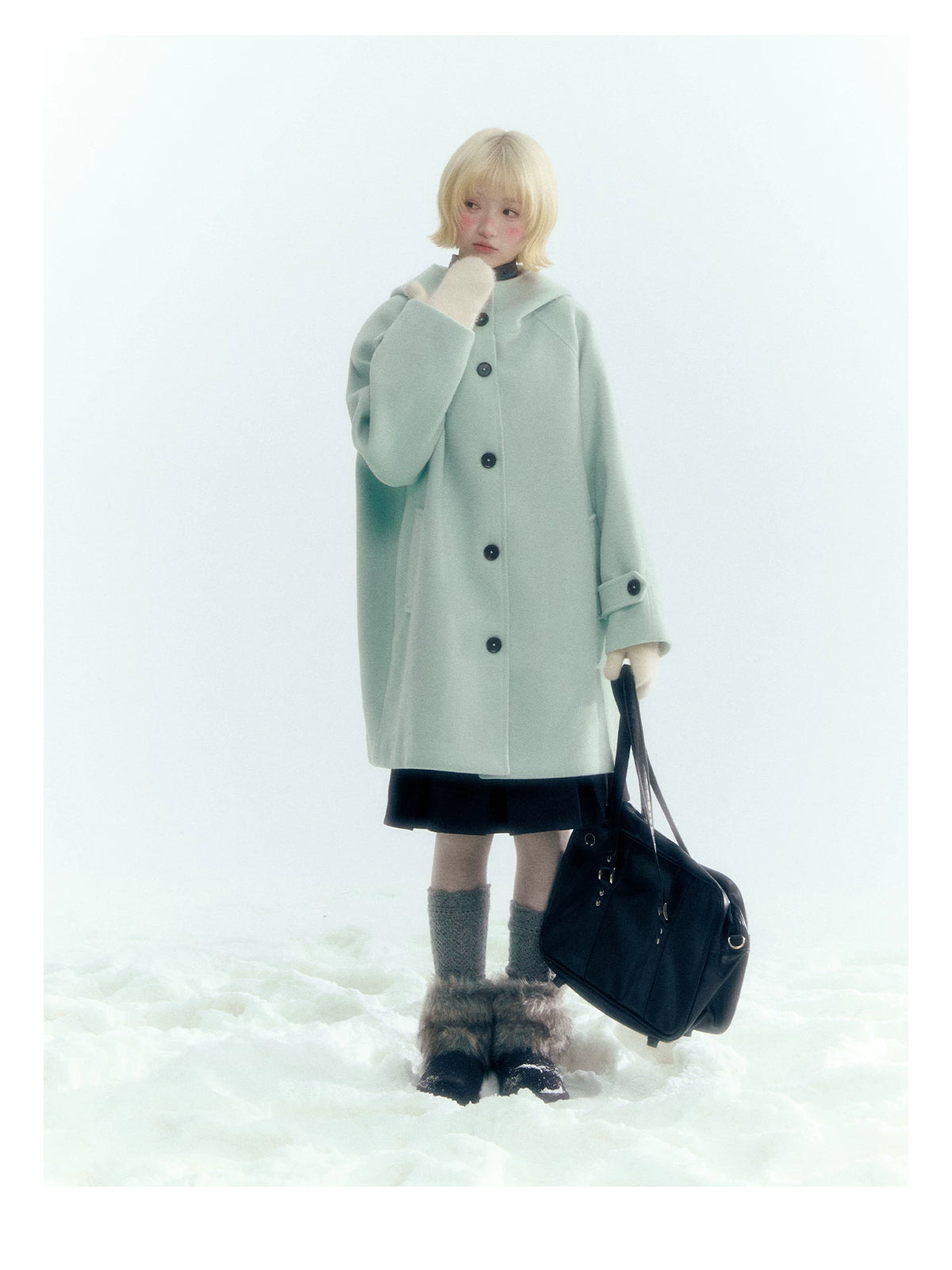 Pale Aqua Green Hooded Cocoon Wool-Blend Coat