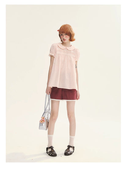 "Sweet Silhouette" Plaid Lace Trim Puff Sleeve Peter Pan Collar Blouse (Red Blue / Red White)