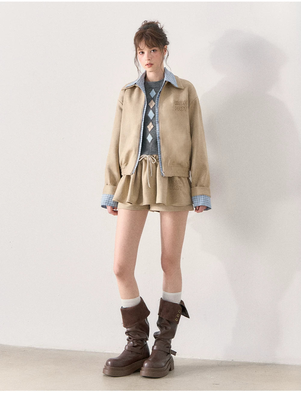 [TMMG] Light Khaki Suede Faux Two-Piece Jacket & Skirt Set