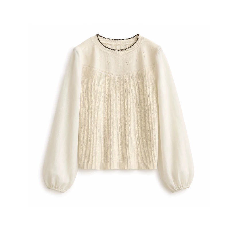 DAILY ARTIST - “Soft Woven Wind” Silk-Wool Sheer Sleeve Knit Top (Brown / Beige)