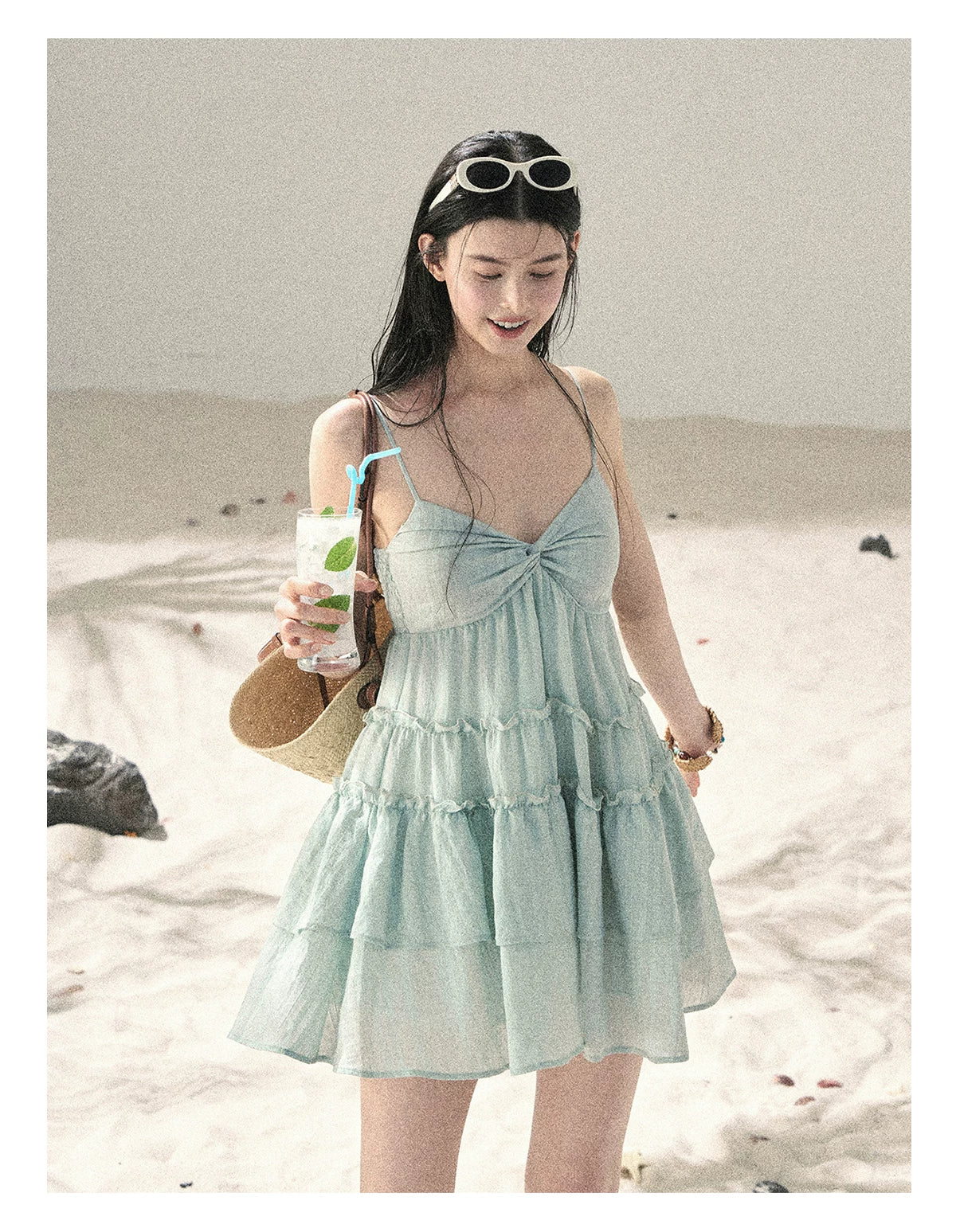 "Mossy Stone Steps" Primrose Green Tiered Cami Mini Dress