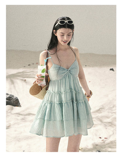 "Mossy Stone Steps" Primrose Green Tiered Cami Mini Dress