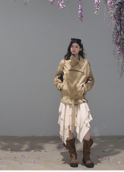 OAKMOO/ Belted Double-Breasted Trench Jacket (Deep Black / Hazel Khaki)
