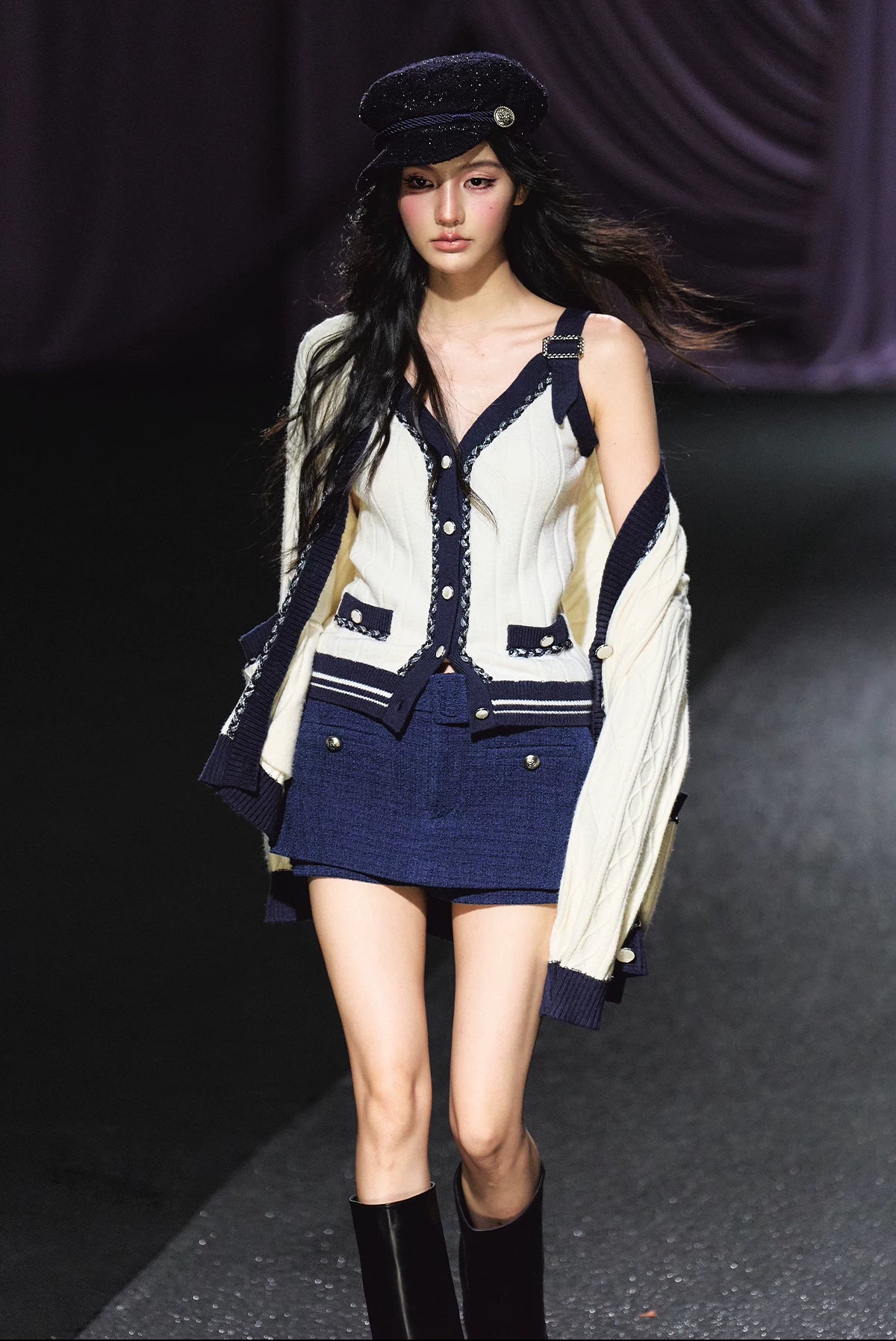 Contrast Knit Cardigan, V-Neck Tank & A-Line Skort Three-Piece Set